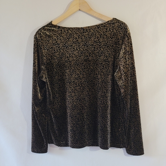 JONDEN Black Tan Paisley Velvet Blouse Sz L Drape Long Sleeve Fall Minimalist - Picture 2 of 11